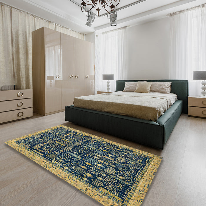 Abstract Copper Green Modern Rug in a Bedroom, abs2593