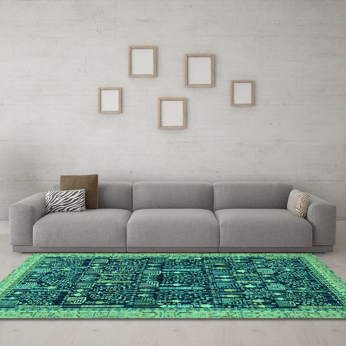 Machine Washable Abstract Turquoise Modern Area Rugs in a Living Room,, wshabs2593turq