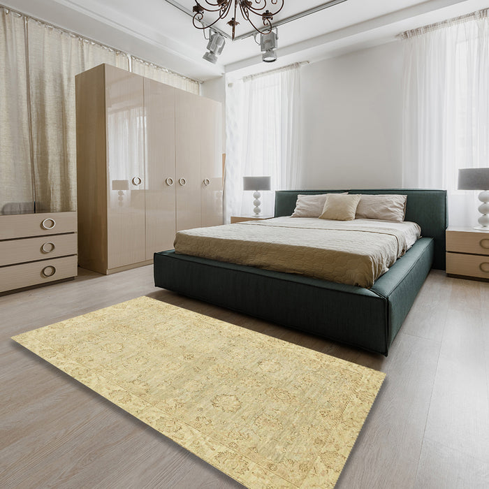 Machine Washable Abstract Brown Gold Rug in a Bedroom, wshabs2596