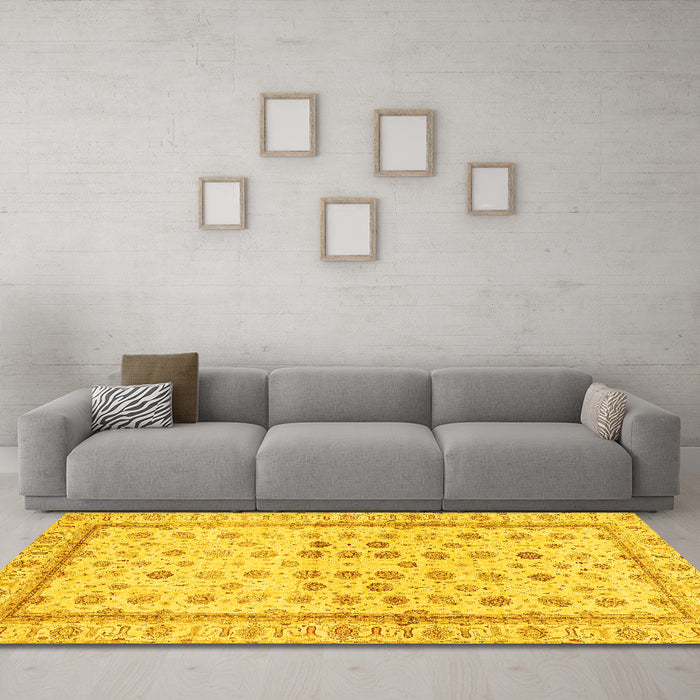 Machine Washable Oriental Yellow Traditional Rug in a Living Room, wshabs25yw