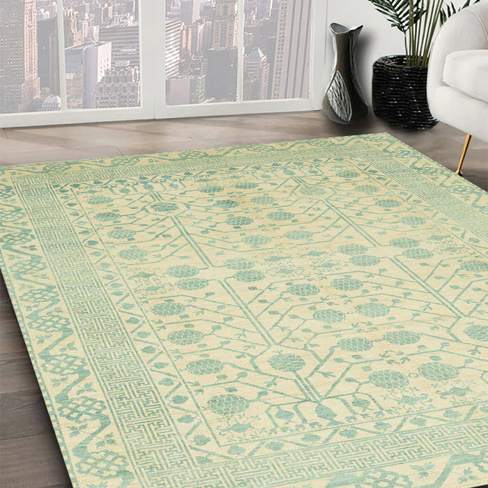Abstract Olive Green Oriental Rug in Family Room, abs2600