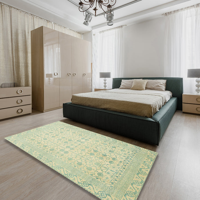 Abstract Olive Green Oriental Rug in a Bedroom, abs2600
