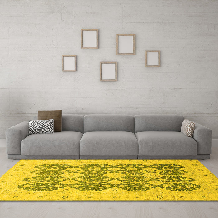 Machine Washable Oriental Yellow Traditional Rug in a Living Room, wshabs2601yw
