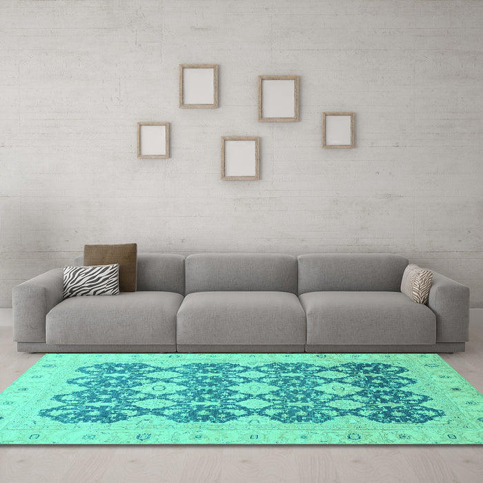Machine Washable Oriental Turquoise Traditional Area Rugs in a Living Room,, wshabs2601turq