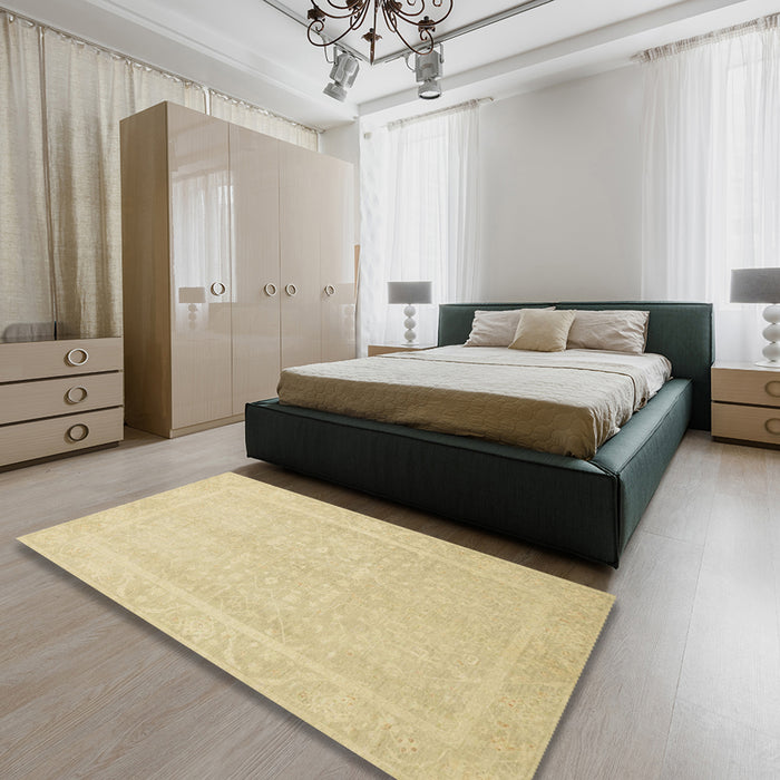 Abstract Brown Gold Modern Rug in a Bedroom, abs2603