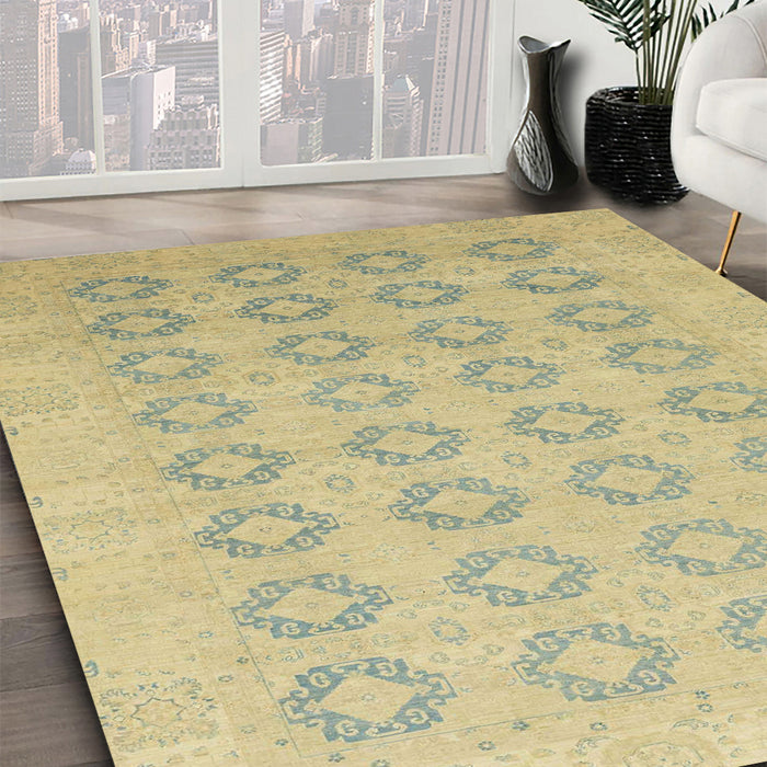 Abstract Copper Green Oriental Rug in Family Room, abs2604