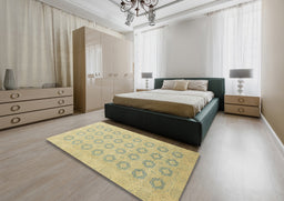 Abstract Copper Green Oriental Rug in a Bedroom, abs2604