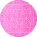 Round Machine Washable Abstract Pink Modern Rug, wshabs2605pnk