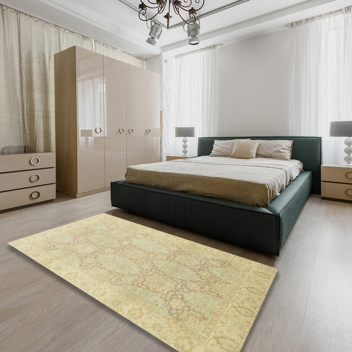 Abstract Brown Gold Oriental Rug in a Bedroom, abs2606
