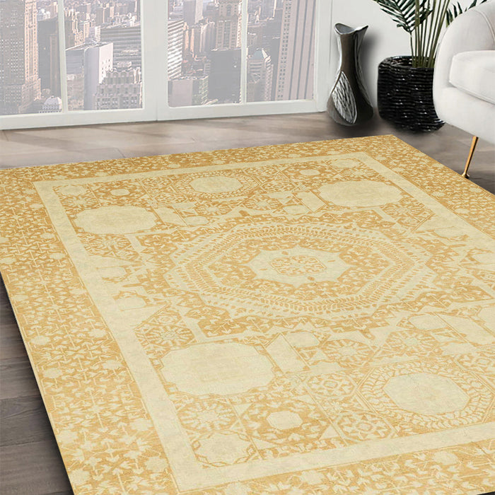 Abstract Brown Gold Modern Rug in Family Room, abs2607