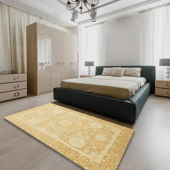 Machine Washable Abstract Brown Gold Rug in a Bedroom, wshabs2607