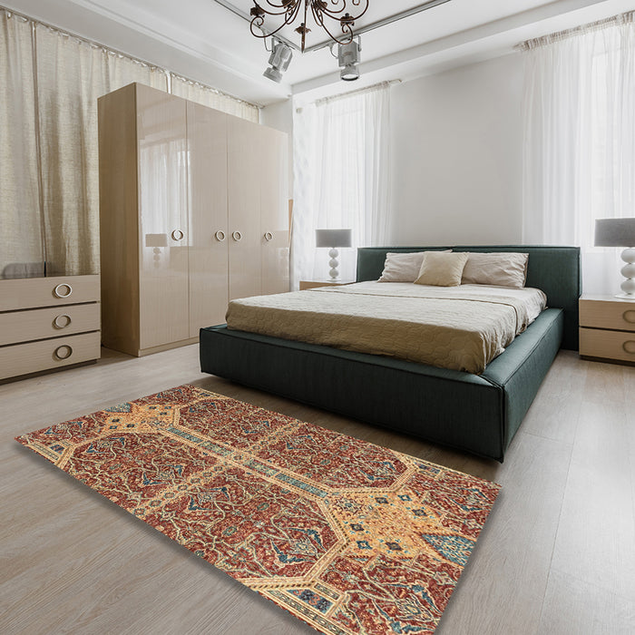 Machine Washable Abstract Brown Red Rug in a Bedroom, wshabs2613