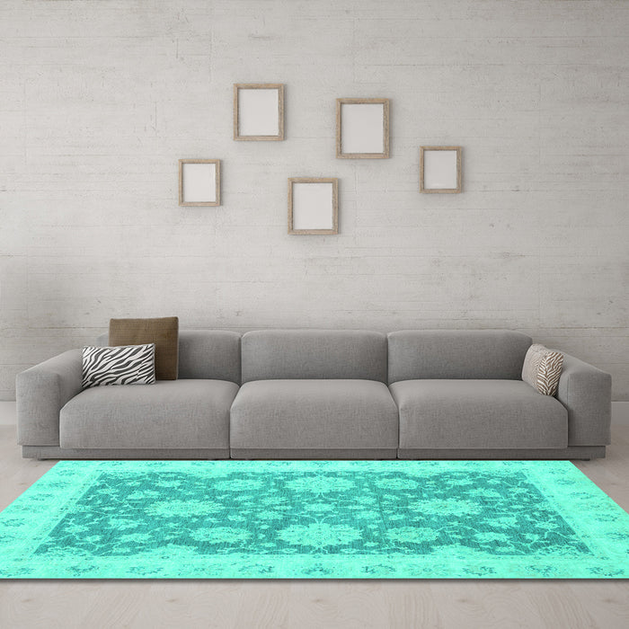 Machine Washable Oriental Turquoise Traditional Area Rugs in a Living Room,, wshabs2614turq