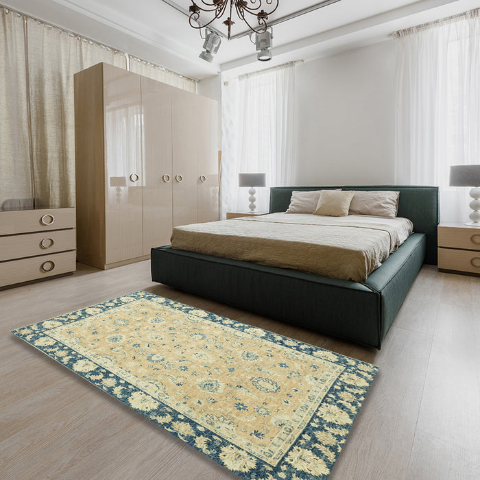 Abstract Brown Gold Oriental Rug in a Bedroom, abs2615