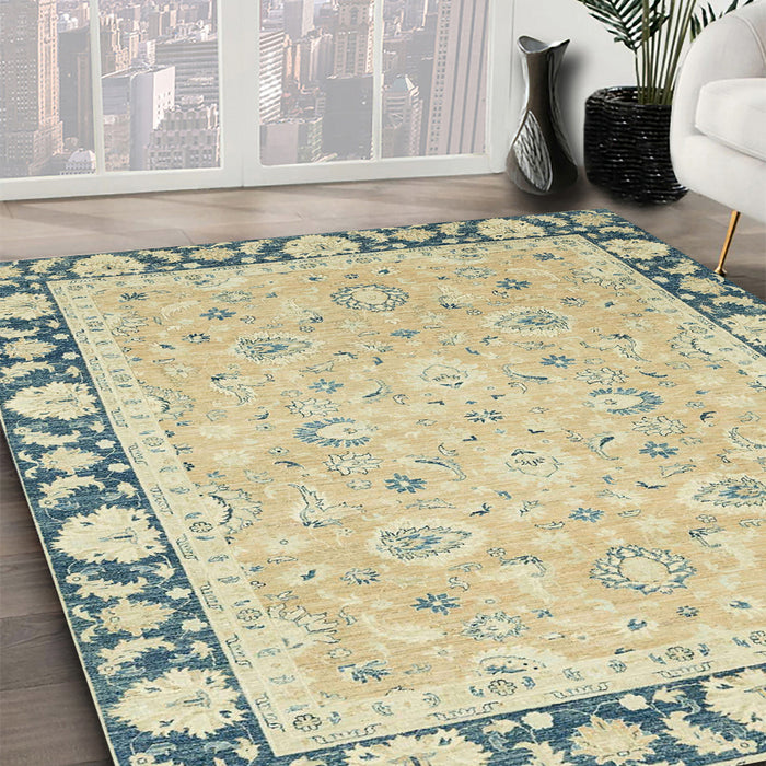 Abstract Brown Gold Oriental Rug in Family Room, abs2615