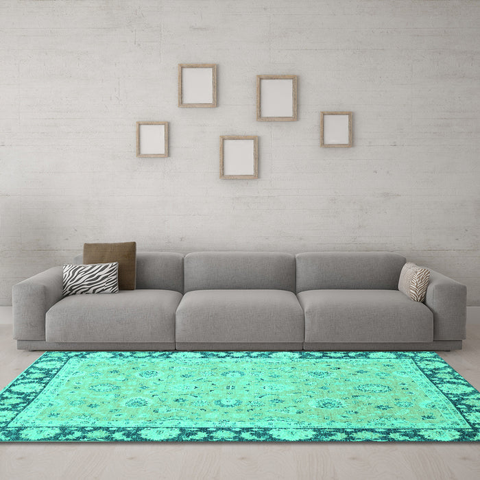 Machine Washable Oriental Turquoise Traditional Area Rugs in a Living Room,, wshabs2615turq