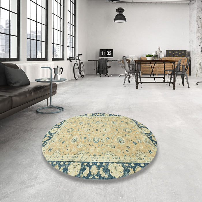 Round Abstract Brown Gold Oriental Rug in a Office, abs2615