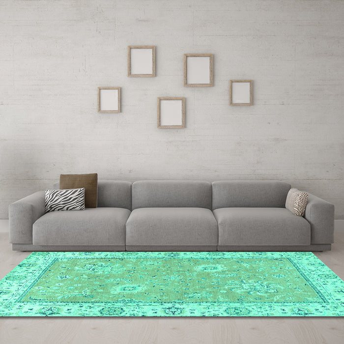 Machine Washable Oriental Turquoise Traditional Area Rugs in a Living Room,, wshabs2619turq