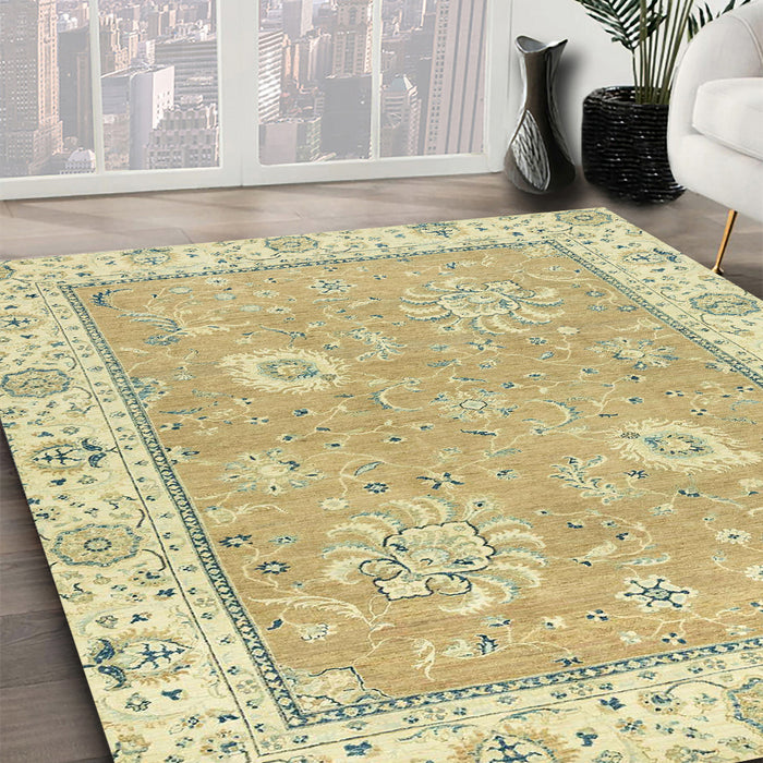 Abstract Copper Green Oriental Rug in Family Room, abs2619