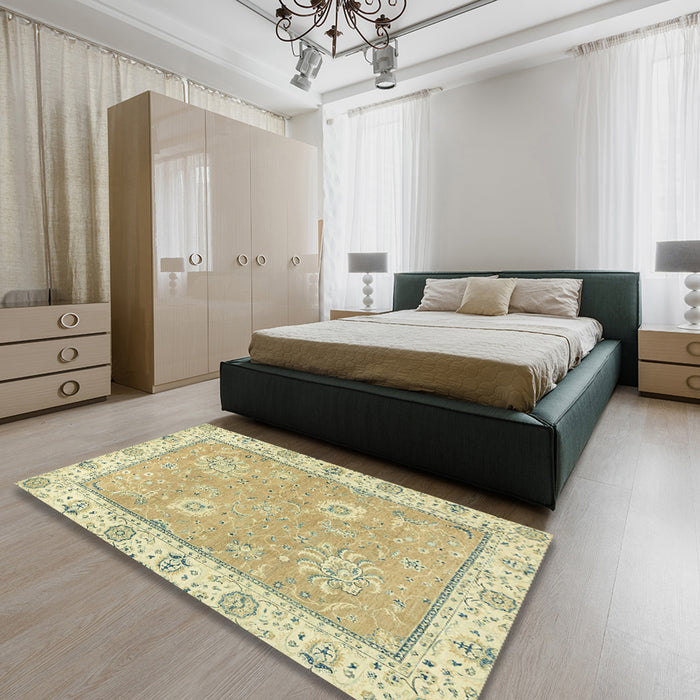 Abstract Copper Green Oriental Rug in a Bedroom, abs2619