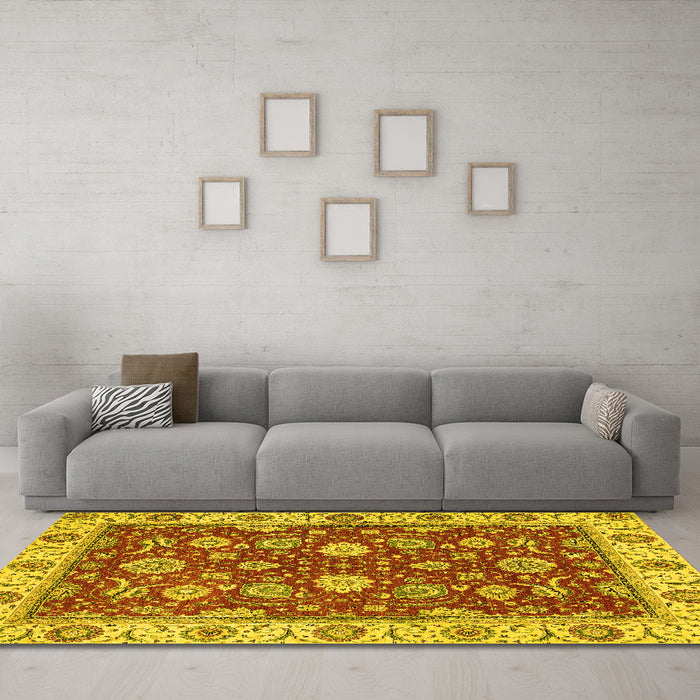 Machine Washable Oriental Yellow Traditional Rug in a Living Room, wshabs2621yw