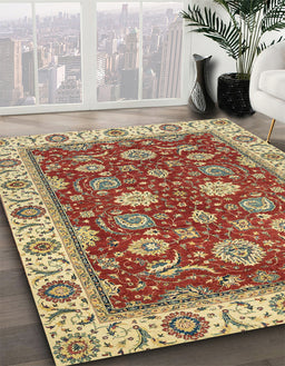 Abstract Fire Brick Red Oriental Rug in Family Room, abs2621