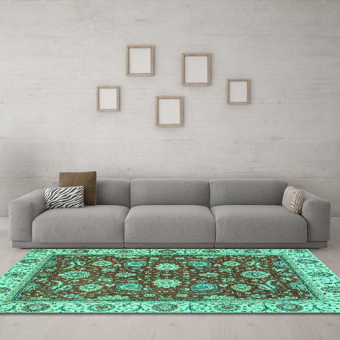 Machine Washable Oriental Turquoise Traditional Area Rugs in a Living Room,, wshabs2621turq