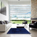 Square Abstract Denim Dark Blue Oriental Rug in a Living Room, abs2629