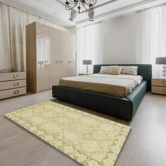 Machine Washable Abstract Brown Gold Rug in a Bedroom, wshabs2630