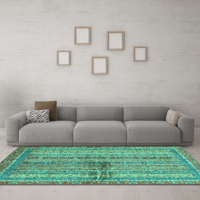 Machine Washable Oriental Turquoise Modern Area Rugs in a Living Room,, wshabs2631turq