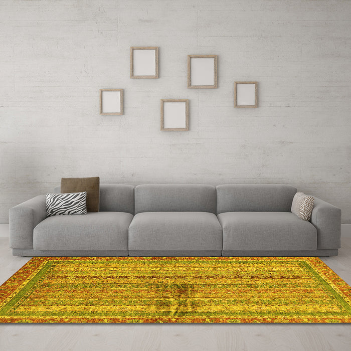 Machine Washable Oriental Yellow Modern Rug in a Living Room, wshabs2631yw