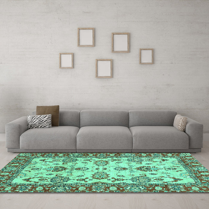Machine Washable Oriental Turquoise Modern Area Rugs in a Living Room,, wshabs2635turq