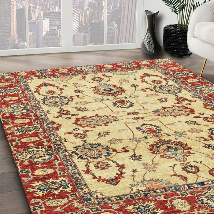Abstract Mustard Yellow Oriental Rug in Family Room, abs2635