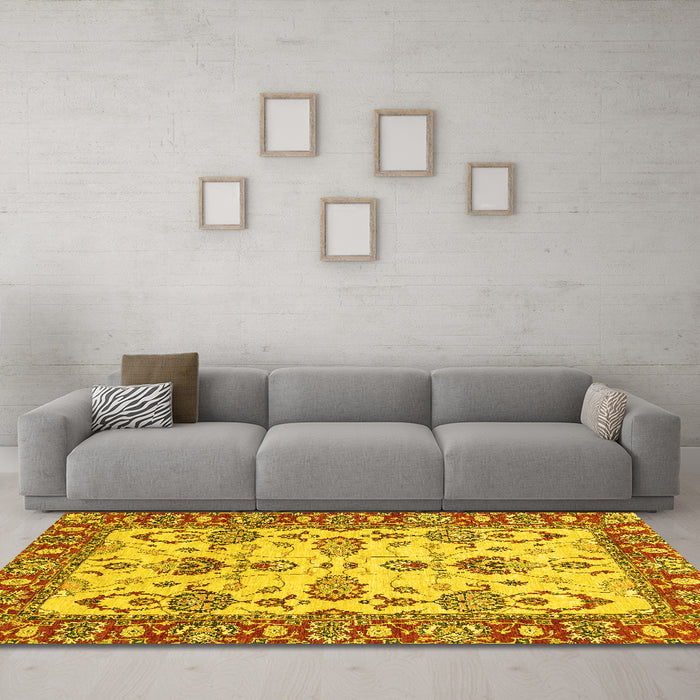 Machine Washable Oriental Yellow Modern Rug in a Living Room, wshabs2635yw