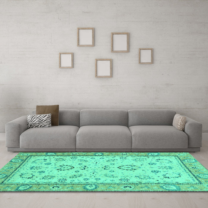 Machine Washable Oriental Turquoise Modern Area Rugs in a Living Room,, wshabs2636turq