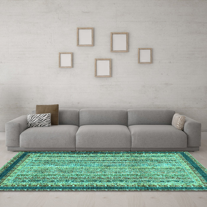 Machine Washable Oriental Turquoise Modern Area Rugs in a Living Room,, wshabs2637turq