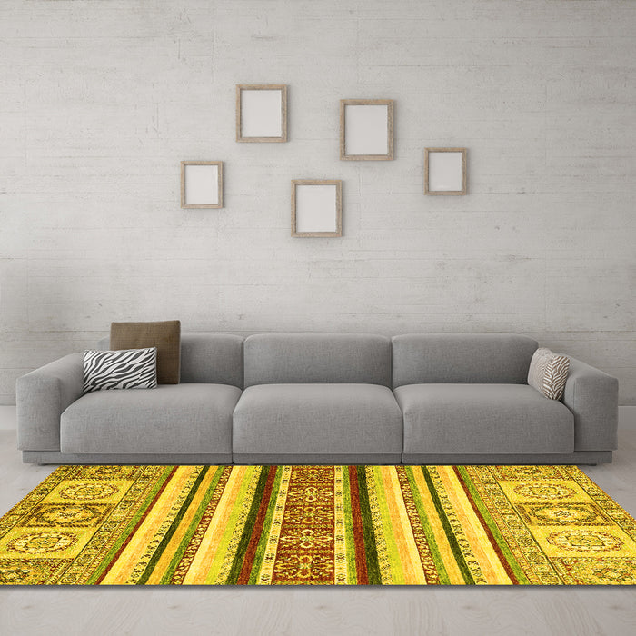 Machine Washable Oriental Yellow Modern Rug in a Living Room, wshabs2639yw