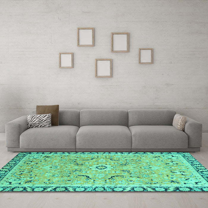 Machine Washable Oriental Turquoise Modern Area Rugs in a Living Room,, wshabs2640turq