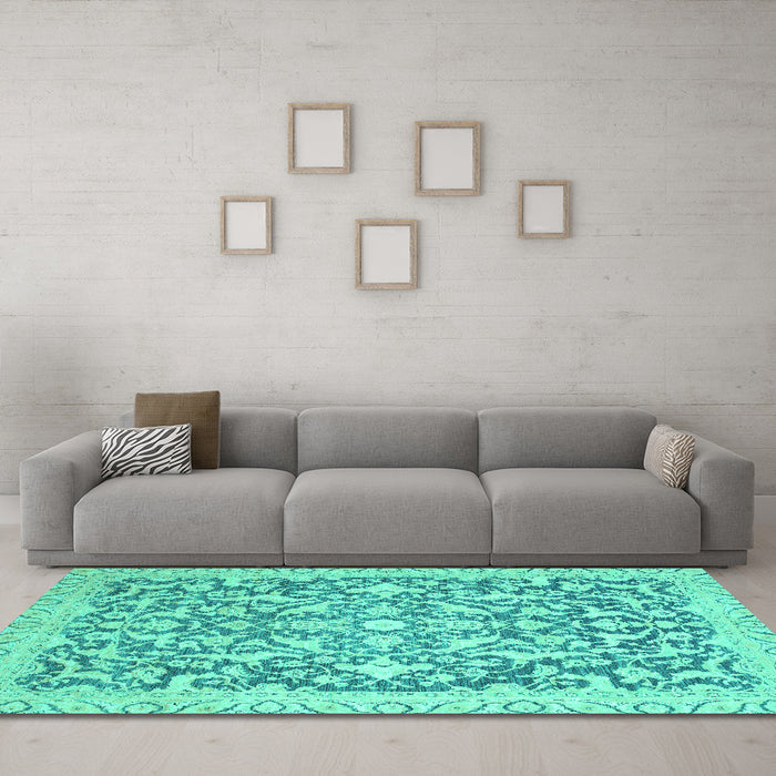 Machine Washable Oriental Turquoise Modern Area Rugs in a Living Room,, wshabs2642turq