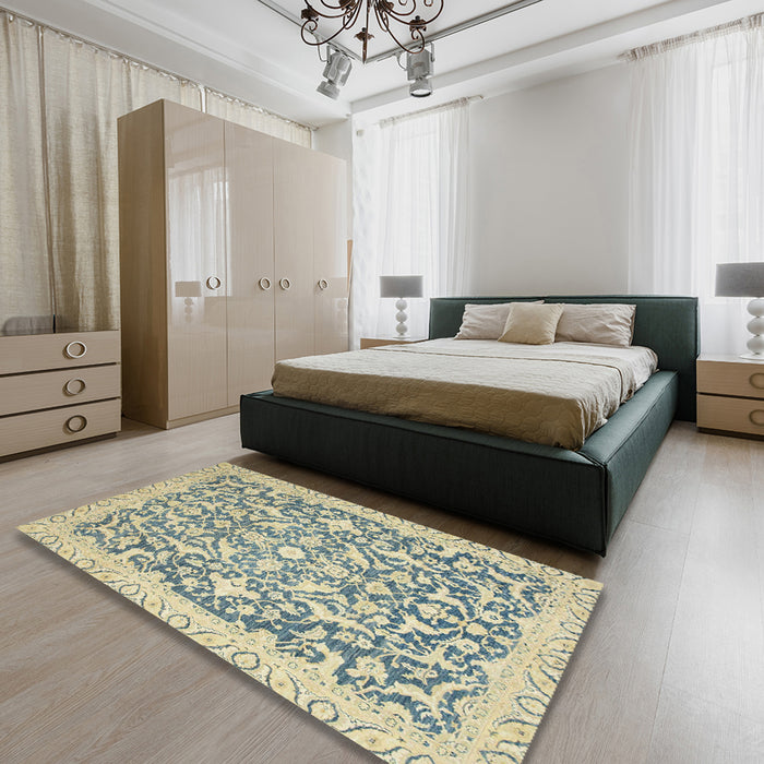 Machine Washable Abstract Brown Gold Rug in a Bedroom, wshabs2642