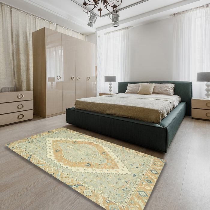 Abstract Khaki Gold Oriental Rug in a Bedroom, abs2643