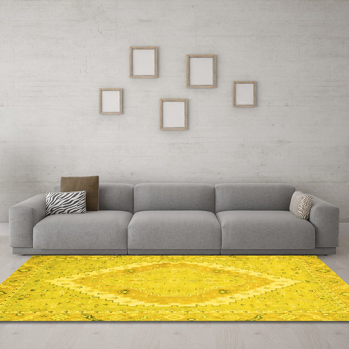 Machine Washable Oriental Yellow Modern Rug in a Living Room, wshabs2643yw