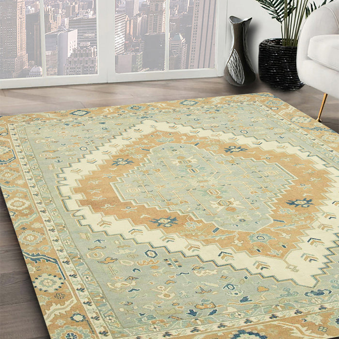 Abstract Khaki Gold Oriental Rug in Family Room, abs2643