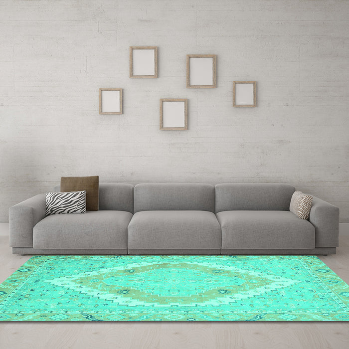 Machine Washable Oriental Turquoise Modern Area Rugs in a Living Room,, wshabs2643turq
