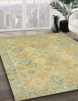 Abstract Copper Green Oriental Rug in Family Room, abs2644