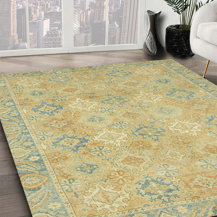 Abstract Copper Green Oriental Rug in Family Room, abs2644