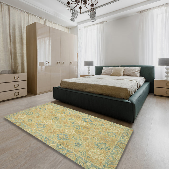 Abstract Copper Green Oriental Rug in a Bedroom, abs2644