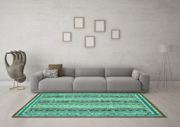 Machine Washable Oriental Turquoise Modern Area Rugs in a Living Room,, wshabs2645turq