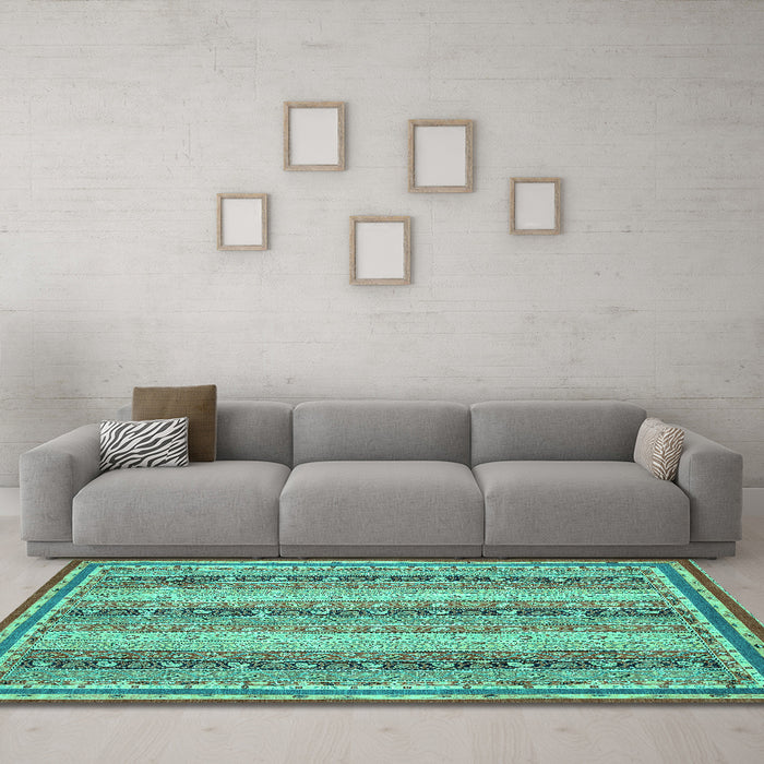 Machine Washable Oriental Turquoise Modern Area Rugs in a Living Room,, wshabs2645turq