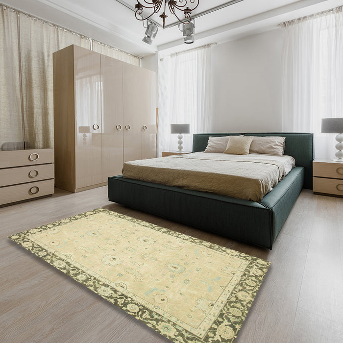 Abstract Brown Gold Oriental Rug in a Bedroom, abs2646